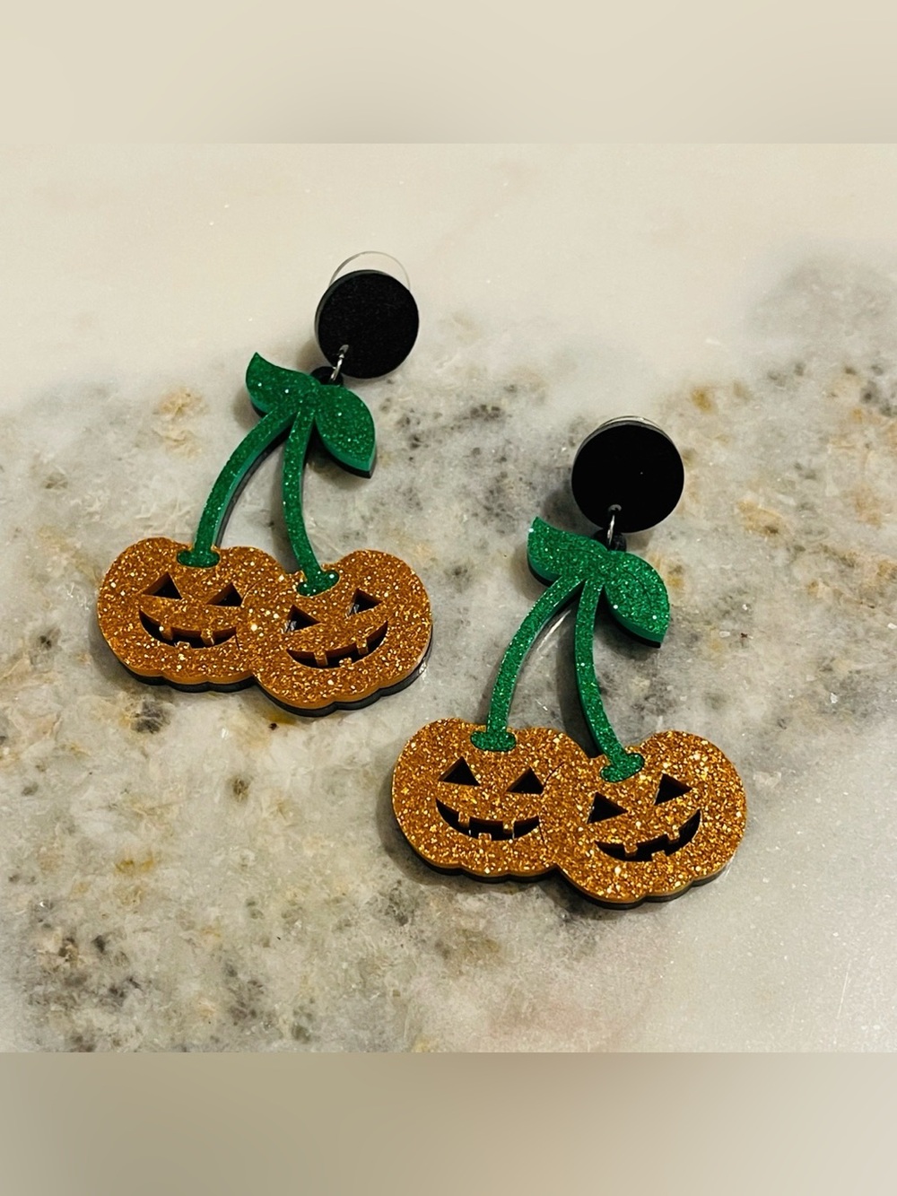 Pumpkin Cherries Glitter Acrylic Statement Earrings Halloween Tiki Retro Pin Up